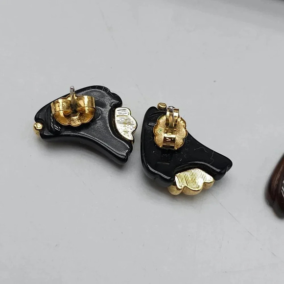 Avon 1985 About Town Convertible Earrings Brown Faux Tortoise Black Lucite Stud - Picture 4 of 5